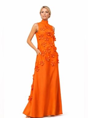 Orange 3D Floral Appliqué Maxi Gown | Mock Neck A-Line Formal Dress